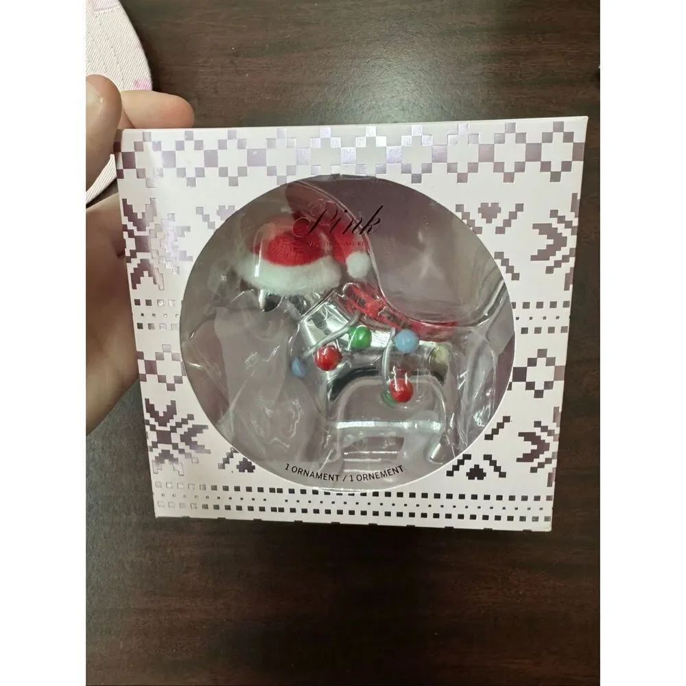 NWT PINK Victoria’s Secret Silver Christmas Mini Dog Ornament